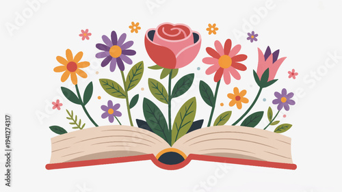 Open book with colorful flowers and leaves growing out symbolizing knowledge and growth in education