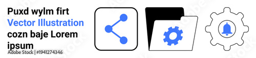 Data sharing, file organization, user notification, digital tools, system settings, mobile apps. Minimalist icons a share symbol, folder with gear and bell. Data sharing and file organization