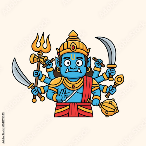 A cartoon depiction of a multi-armed deity figure. The figure is blue, holding various weapons, and is adorned with a crown and other golden accessories