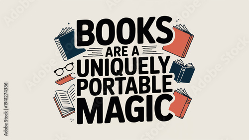 Inspirational quote about books with colorful book illustrations on beige background