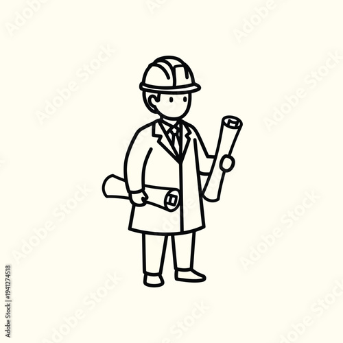 A cartoon engineer in a suit and hardhat holds blueprints, a black outline on a cream background, representing the architectural profession