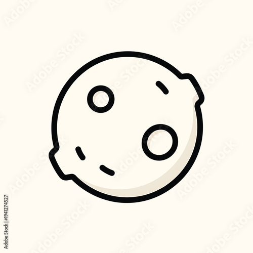 A cartoon depiction of a celestial body with craters and circular features against a neutral background