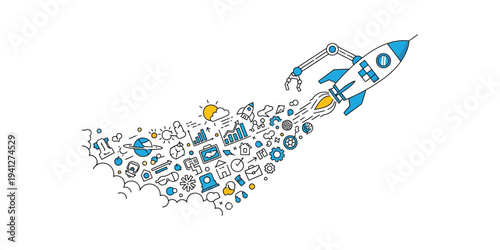 A colorful abstract illustration of a rocket ship blasting off into space with vibrant blue and yellow details