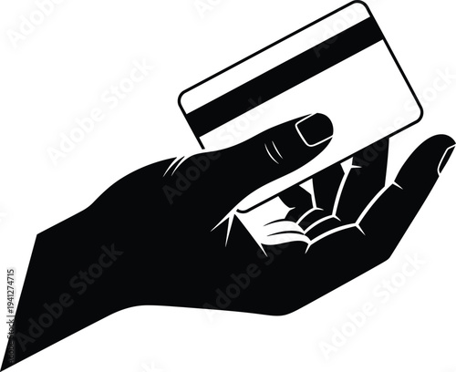 A hand holding a credit card in a black and white illustration
