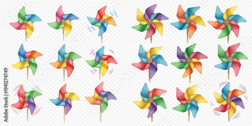 Set of colorful pinwheels, some spinning, on a transparent background, depicting childhood joy and playful movement.