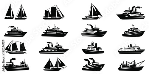 Collection of various ship and boat silhouettes