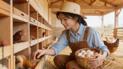 Young Asian woman collects fresh brown eggs from wooden nesting boxes in coop. Farmer girl wearing straw hat harvesting organic poultry product in rural farm.