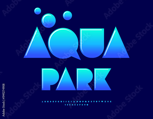 Vector Artistic emblem Aqua Park. Glossy Big Blue Font. Cool Abstract style Alphabet Letters and Numbers set.