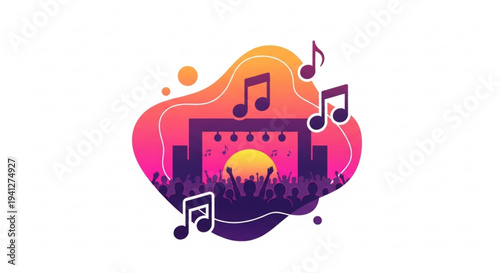 Vibrant music festival scene with stage crowd and musical notes at sunset outdoor concert atmosphere