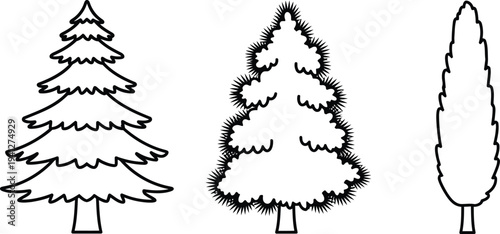 Minimalist black and white tree outlines a versatile vector set featuring evergreen and deciduous styles ideal for nature-themed designs educational materials and graphic projects