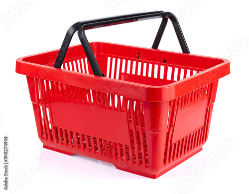 Bright red plastic shopping basket with black handle