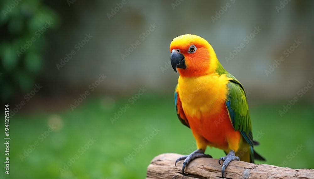 Obraz premium Sun conure parrot, colorful bird with orange yellow green plumage, perches on log branch. Wildlife animal in aviary or zoo, detailed feathers, natural habitat setting.
