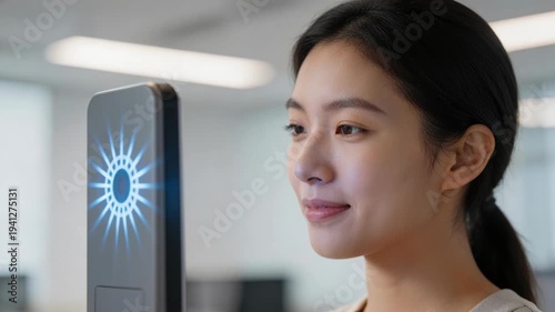 Asian woman using facial recognition system for office security access. Modern biometric technology scans user face identity to grant entry. Digital safe verification.