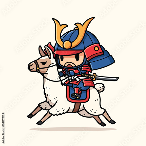 A cartoon depiction of a samurai character in traditional armor riding a white llama with a sword. The illustration is flat and playful