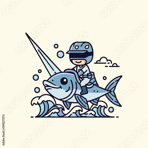 A cartoon figure rides a swordfish through ocean waves. Bubbles, clouds, and a spear are drawn in a minimalist, flat style