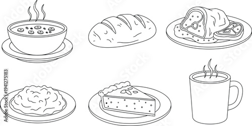 Assortment of common food and hot beverage items depicted in a minimalist line art style suitable for restaurant branding web icons or childrens activities