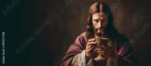 Jesus Christ Holding Cup of Wine, Eucharist, Holy Communion, copy space