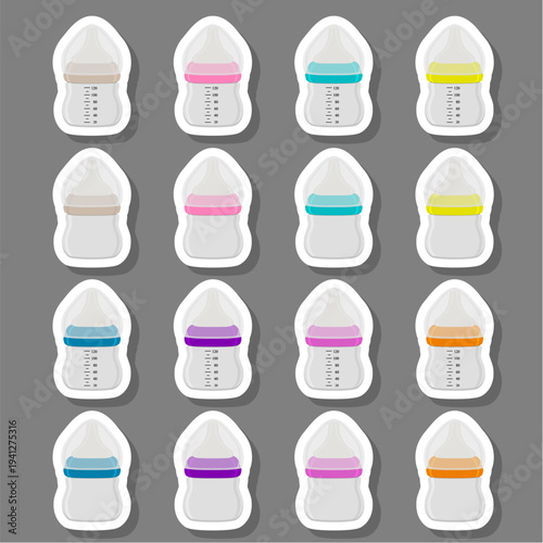 big colored set of baby milk in bottle with soft rubber pacifier