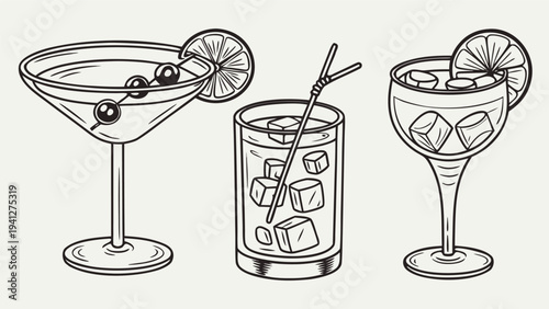 Hand Drawn Cocktail Glass Set Line Art Bar Drinks Vector Illustration