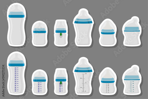 big colored set of baby milk in bottle with soft rubber pacifier