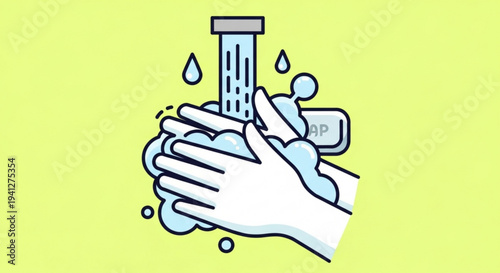 Hands washing with soap and water under faucet on yellow background