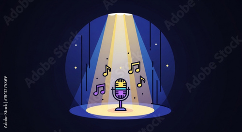 Microphone on stage with spotlight and musical notes floating around it in a dark background