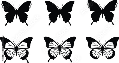 Butterfly silhouette collection, black vector insects, wing patterns, vein structure, entomology design, nature symbol, decorative illustration, flying creatures
