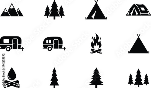 Camping outdoor icons set, tent, campfire, camper trailer, pine trees, mountain vector, nature adventure, travel illustration, forest design