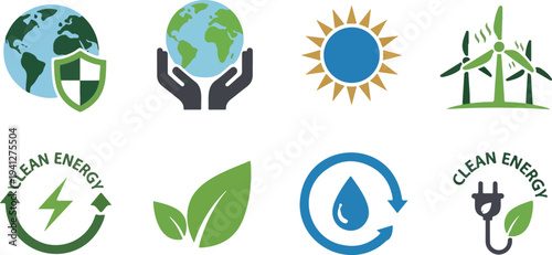 Set of 8 eco friendly icons vector, clean energy symbols