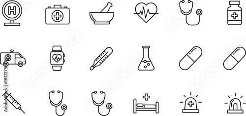 Medical healthcare icons set, hospital, first aid, stethoscope, heart monitor, syringe, pill, ambulance, emergency, vector illustration design
