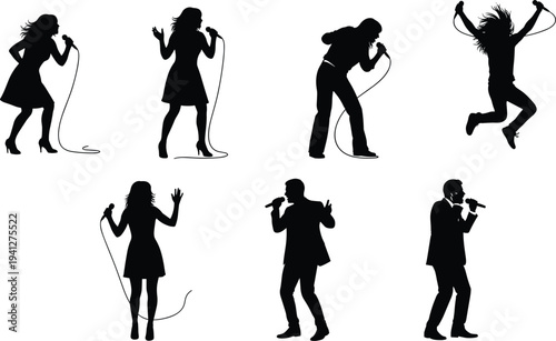 Singer silhouettes collection, male and female vocalists performing with microphone, music performance poses, stage artist icons set, entertainment