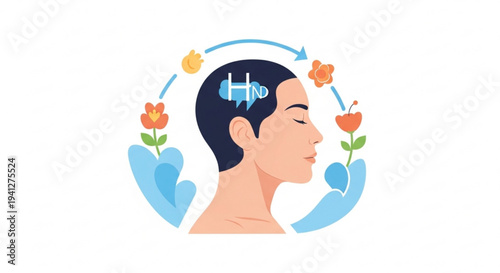 Mindful person with flowers and sound waves in brain symbolizing mental wellness and harmony