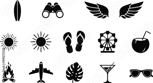 Summer vacation icons set, surfboard, sun, flip flops, airplane, cocktail, sunglasses, tropical travel symbols, holiday silhouette collection