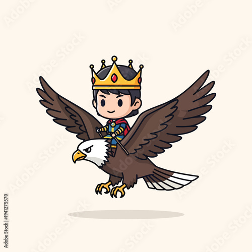 A cartoon depicts a child king in a crown riding a large bird, likely an eagle, soaring against a plain backdrop