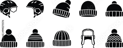 Winter headwear icons set, beanies, ski helmets, trapper hat, cold weather fashion, outdoor gear, vector illustration, clothing design