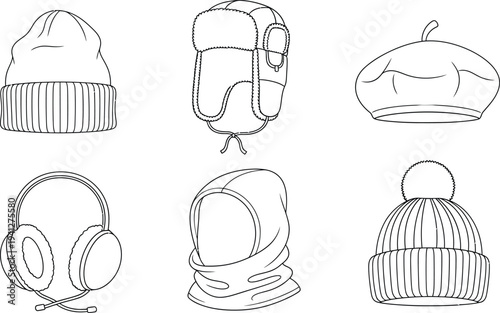 Collection of diverse winter hats and cold weather headwear presented in a clean outline vector style ideal for fashion illustrations app icons and clothing design projects