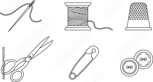 Collection of essential sewing tools and accessories presented as minimalist outline vector icons for craft projects and textile design
