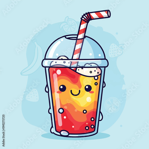 A cartoon illustrated beverage with a happy face, bubble-filled liquid, and a striped straw, in a transparent cup with fruit outlines