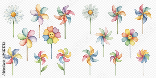 Watercolor set of colorful pinwheels, daisies, and flower-shaped toys with happy faces on sticks, isolated on a transparent background.