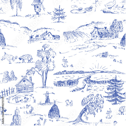 Blue fields in the rural landscapes  toile de jouy pattern for rustic textile, wallpaper design.