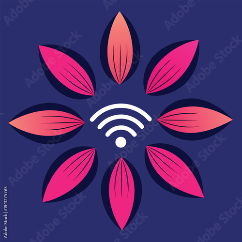 Pink flower petals surrounding white wireless wifi signal icon on dark blue background