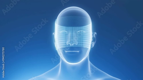 Digital man face scanning for biometric identification. Virtual head mesh scanning process for facial recognition technology and advanced security system analysis.