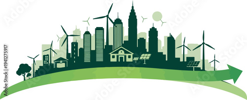 Vector eco cityscape with wind turbines and green landscape