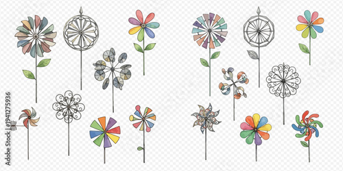 Collection of various colorful and intricate pinwheels and garden spinners on a white background.
