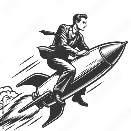 businessman in a suit riding a rocket upward, startup growth, ambition, innovation, and rapid business success sketch engraving vector illustration. Scratch board. Black and white image.