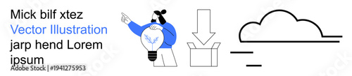Innovation, creative solutions, communication, cloud storage, packaging, minimalism. Person holding a lit lightbulb, a box and a cloud illustration. Innovation and creative solutions concept