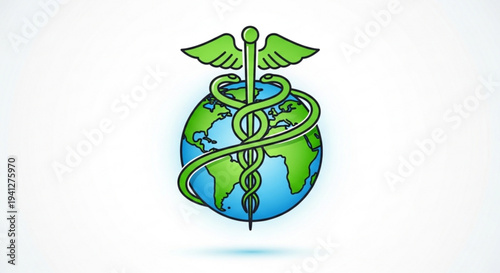 Medical symbol with globe and snake staff wrapped around representing global health and medicine