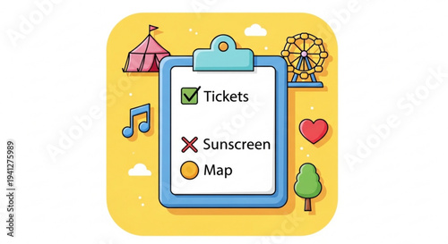 Colorful amusement park checklist with tickets map and fun attractions on yellow background