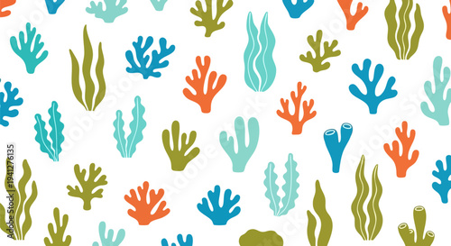 Vibrant Underwater Coral and Seaweed Pattern Vector Illustration for Summer Beach Theme Backgrounds, Textile Prints, and Kids' Designs