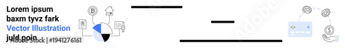 Data analytics, financial reporting, tech interfaces, digital services, automation, organization. Pie chart and icons processes and tools. Data analytics and financial reporting concept